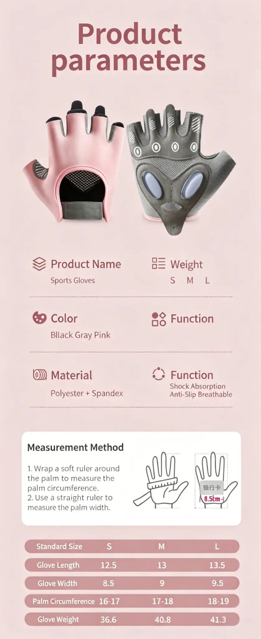 fitness gloves size parameters